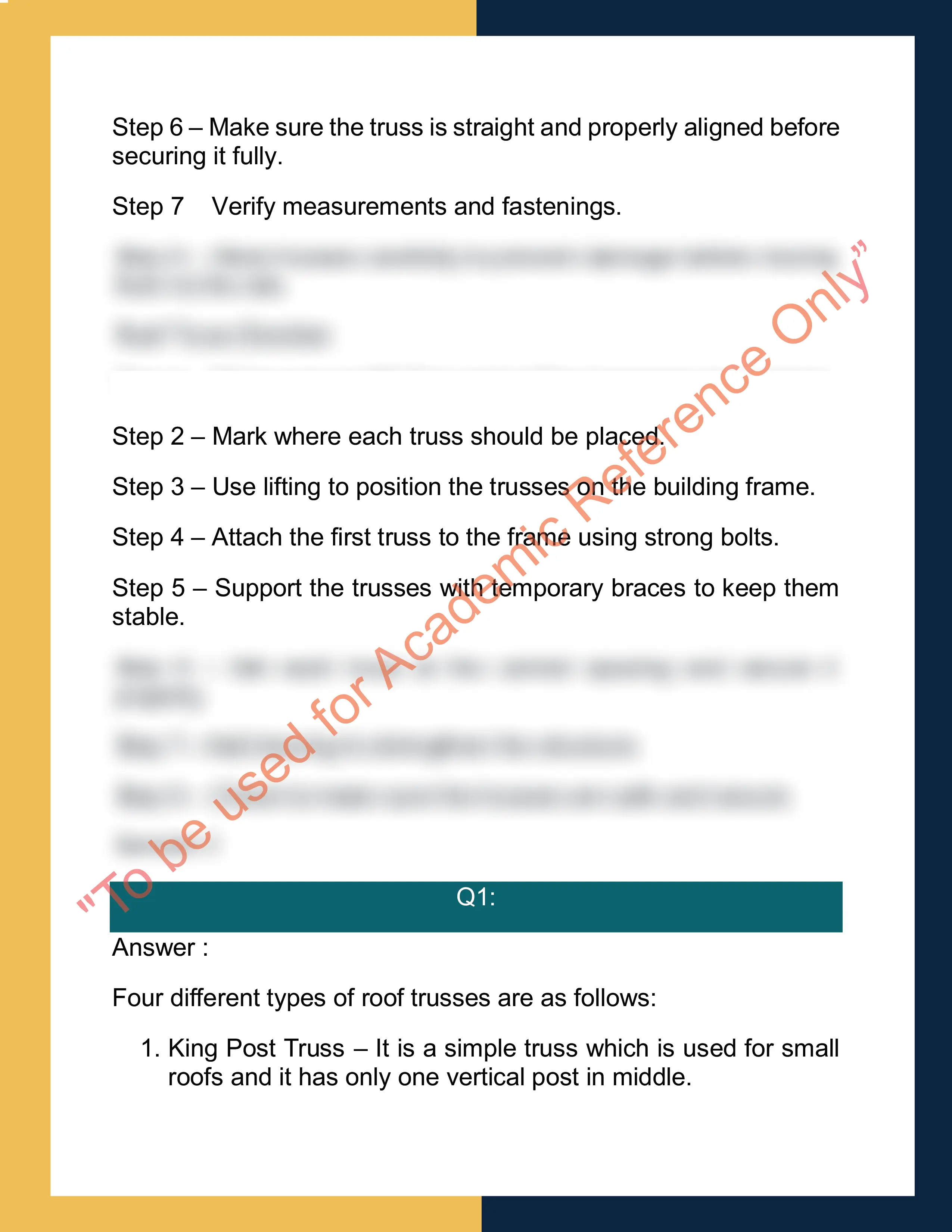 Assignment questntion answer sample of CPCCCA3006 - ERECT ROOF TRUSSES 1